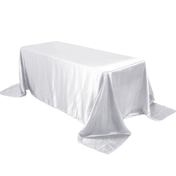 90"x132" White Satin Seamless Rectangular Tablecloth for 6 Foot Table With Floor-Length Drop