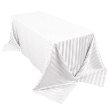 90"x132" White Satin Stripe Seamless Rectangular Tablecloth for 6 Foot Table With Floor-Length Drop