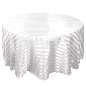 120" White Satin Stripe Seamless Round Tablecloth for 5 Foot Table With Floor-Length Drop