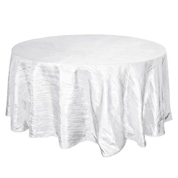 120" White Seamless Accordion Crinkle Taffeta Round Tablecloth