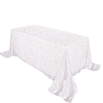 90"x132" White Seamless Big Payette Sequin Rectangle Tablecloth for 6 Foot Table With Floor-Length Drop