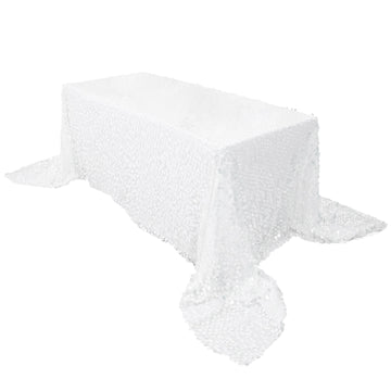 90"x156" White Seamless Big Payette Sequin Rectangle Tablecloth Premium for 8 Foot Table With Floor-Length Drop