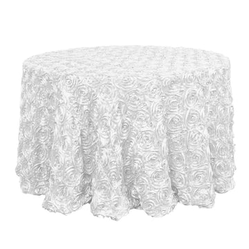 120" White Seamless Grandiose 3D Rosette Satin Round Tablecloth for 5 Foot Table With Floor-Length Drop