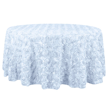 132" White Seamless Grandiose Rosette 3D Satin Round Tablecloth for 6 Foot Table With Floor-Length Drop
