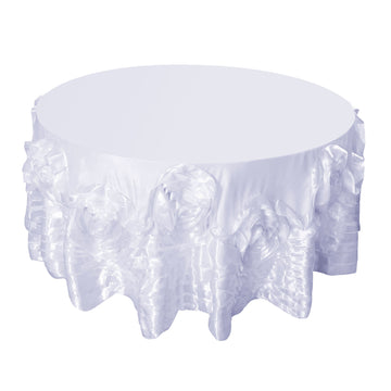 120" White Seamless Large Rosette Round Lamour Satin Tablecloth