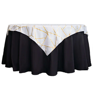 Polyester 54"x54" Table Overlay Square Tablecloth White with Gold Foil Geometric Pattern - Wrinkle-Resistant & Durable for Stylish Settings