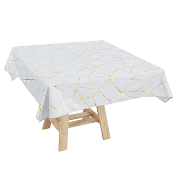 54"x54" White Seamless Polyester Square Tablecloth With Gold Foil Geometric Pattern