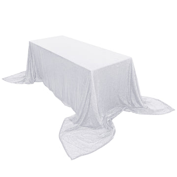 90x156" White Seamless Premium Sequin Rectangle Tablecloth for 8 Foot Table With Floor-Length Drop