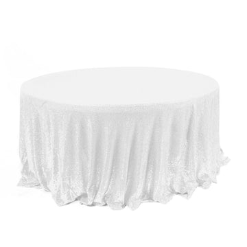 120" White Seamless Premium Sequin Round Tablecloth for 5 Foot Table With Floor-Length Drop