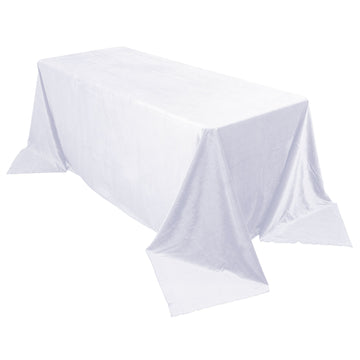 90"x132" White Seamless Premium Velvet Rectangle Tablecloth, Reusable Linen for 6 Foot Table With Floor-Length Drop