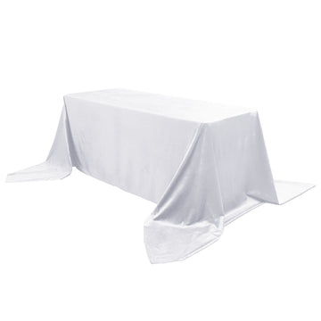 90"x156" White Seamless Premium Velvet Rectangle Tablecloth, Reusable Linen for 8 Foot Table With Floor-Length Drop
