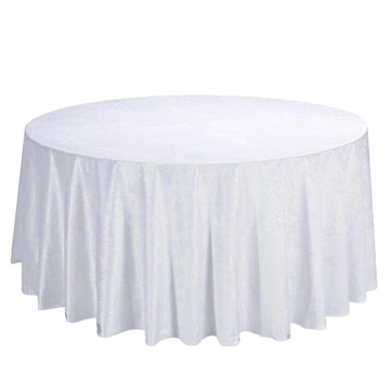 120" White Seamless Premium Velvet Round Tablecloth, Reusable Linen for 5 Foot Table With Floor-Length Drop