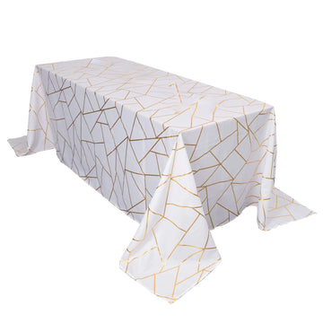 90"x132" White Seamless Rectangle Polyester Tablecloth With Gold Foil Geometric Pattern