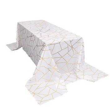 90"x156" White Seamless Rectangle Polyester Tablecloth With Gold Foil Geometric Pattern for 8 Foot Table With Floor-Length Drop