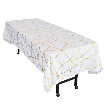 Polyester 60"x102" Rectangle Tablecloth White with Gold Foil Geometric Pattern - Wrinkle-Resistant and Durable Table Cover for Weddings & Events