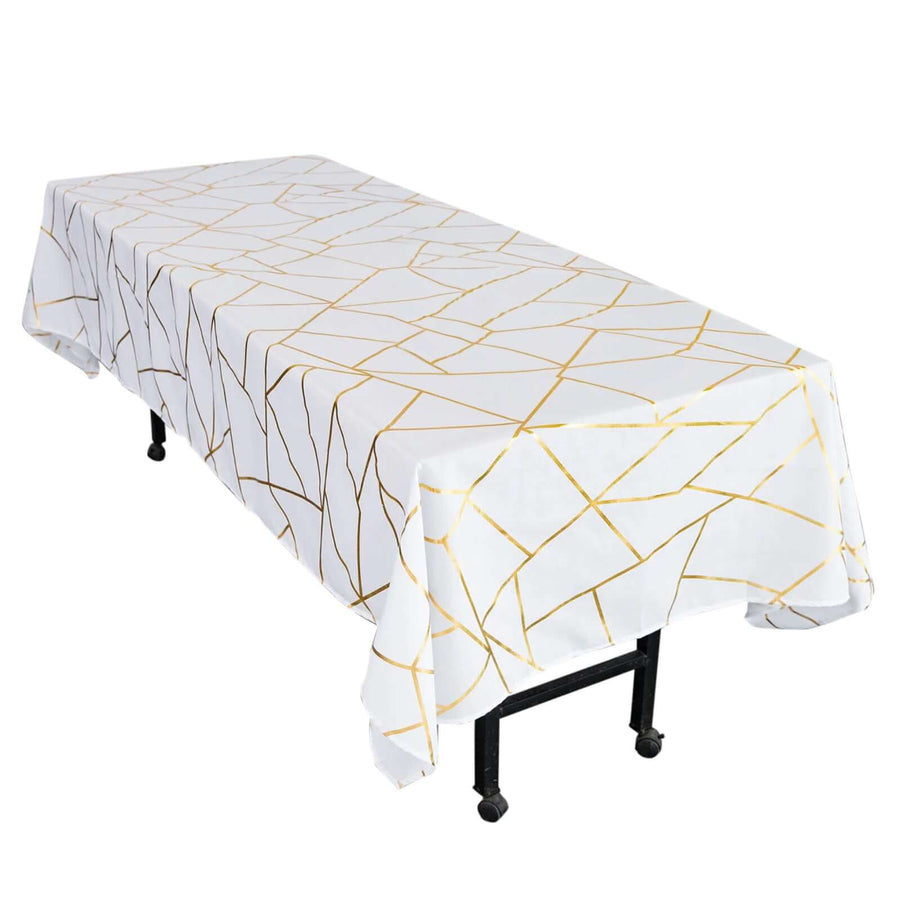 60x102 inches White Polyester Rectangular Tablecloth With Gold Foil Geometric Pattern