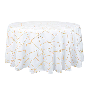 120" White Seamless Round Polyester Tablecloth With Gold Foil Geometric Pattern for 5 Foot Table With Floor-Length Drop