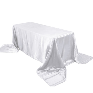 90"x156" White Seamless Satin Rectangular Tablecloth for 8 Foot Table With Floor-Length Drop