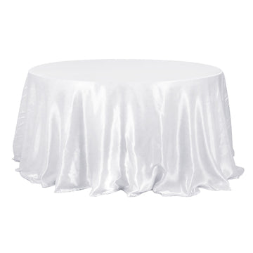 132" White Seamless Satin Round Tablecloth for 6 Foot Table With Floor-Length Drop