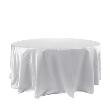 120" White Seamless Satin Round Tablecloth for 5 Foot Table With Floor-Length Drop