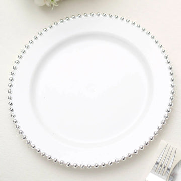 10 Pack | 10" White / Silver Beaded Rim Disposable Dinner Plates, Round Plastic Party Plates