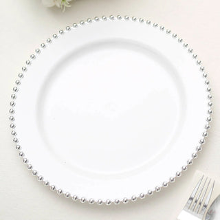 10 Pack | 10" White / Silver Beaded Rim Disposable Dinner Plates