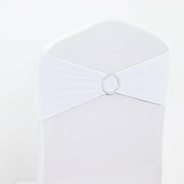5 Pack | 5"x14" White Spandex Stretch Chair Sashes with Silver Diamond Ring Slide Buckle