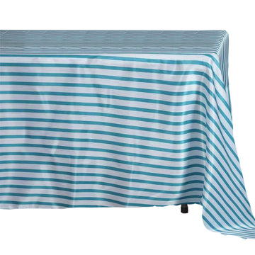 60"x126" White Turquoise Seamless Stripe Satin Rectangle Tablecloth