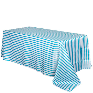 90"x156" White Turquoise Seamless Stripe Satin Rectangle Tablecloth for 8 Foot Table With Floor-Length Drop