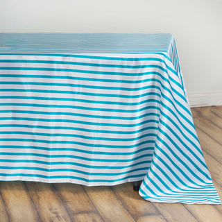 Create a Picture-Perfect Setting with the White/Turquoise Seamless Stripe Satin Tablecloth