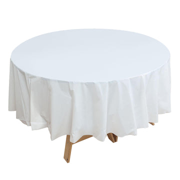84" White Waterproof Plastic Tablecloth, PVC Round Disposable Table Cover