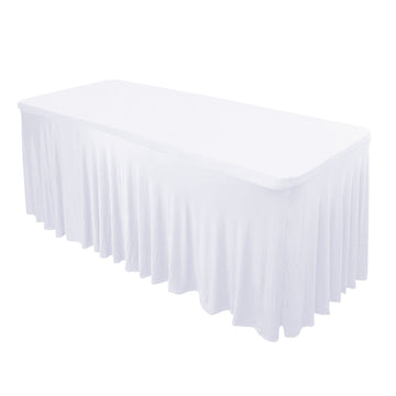 6ft White Wavy Spandex Fitted Rectangle 1-Piece Tablecloth Table Skirt, Stretchy Table Skirt Cover with Ruffles