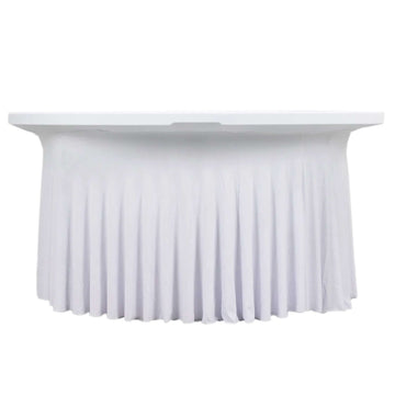 White Wavy Spandex Fitted Round 1-Piece Tablecloth Table Skirt 6ft, Stretchy Table Cover with Ruffles For 72 In Tables