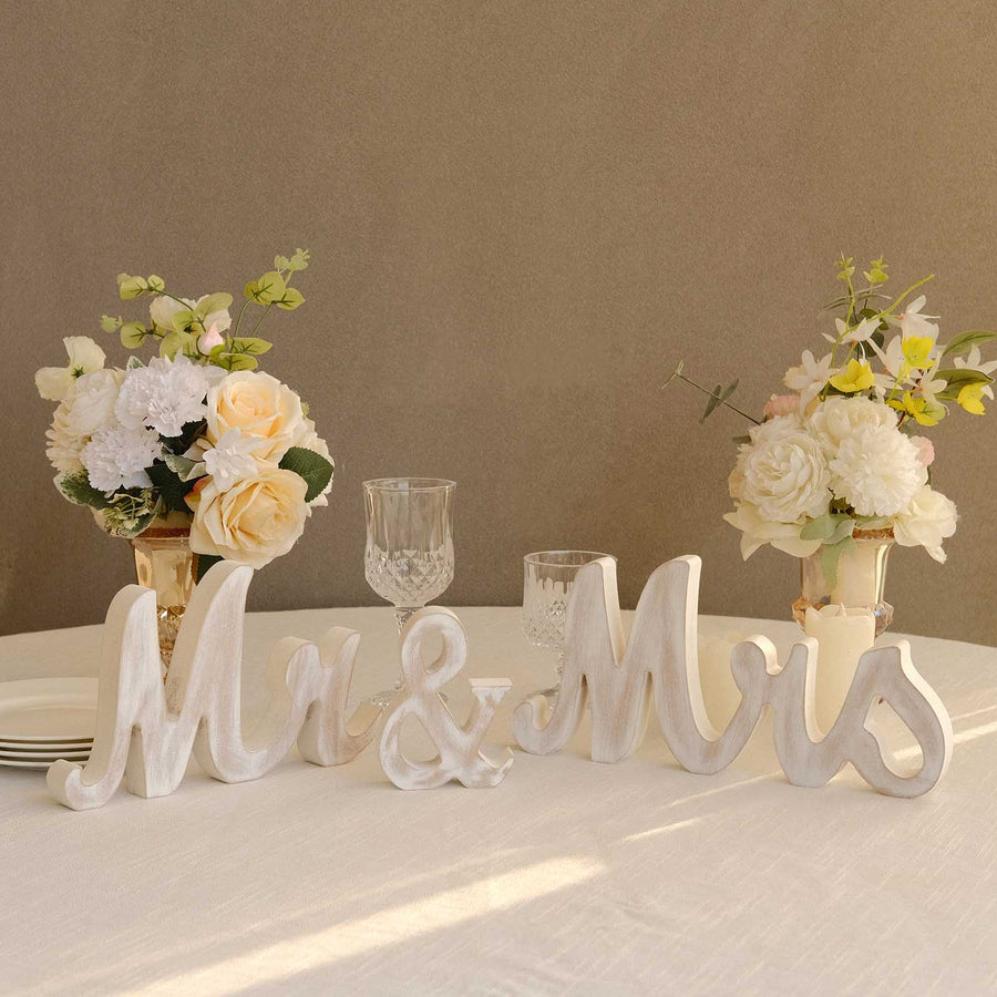 White Rustic Wooden Mr & Mrs Wedding Table Display Signs, Rustic Glam Freestanding