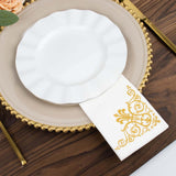 20 Gold Foil White Airlaid Linen-Feel Paper Dinner Napkins, Disposable Hand Towels Fleur Vintage