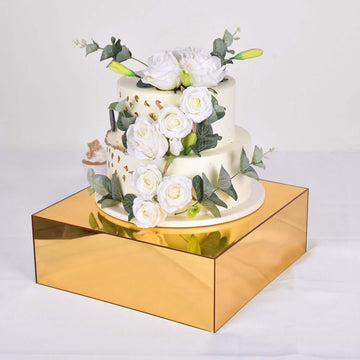 Acrylic Cake Box Stand Pedestal Riser Mirror Finish Gold - Display for Desserts and Events 14"x14"