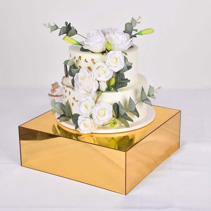 Gold Acrylic Cake Box Stand, Mirror Finish Display Box Pedestal Riser with Hollow Bottom