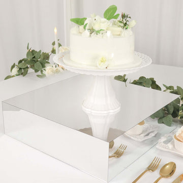 Acrylic Cake Box Stand Pedestal Riser Mirror Finish Silver - Decorative Display for Weddings 18"x18"