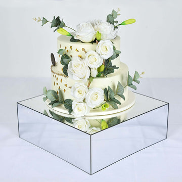 Acrylic Cake Box Stand Pedestal Riser Mirror Finish Silver - Display for Desserts and Events 14"x14"