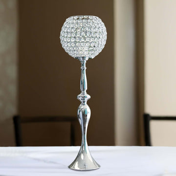 Acrylic Crystal Beaded Goblet Candle Holder Silver - Exquisite Flower Ball Centerpiece Stand for High-End Event Styling 30"