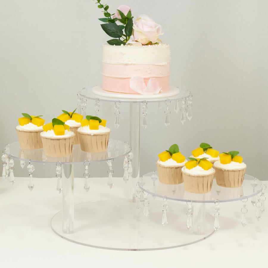 3-Tier Acrylic Cake Stand Clear with Hanging Crystal Pendants – Dessert Display for Weddings