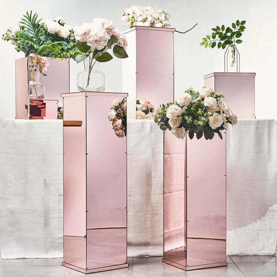 Set of 5 Rose Gold Mirror Finish Acrylic Display Boxes, Pedestal Risers with Interchangeable Lid and Base - 12",16",24",32",40"