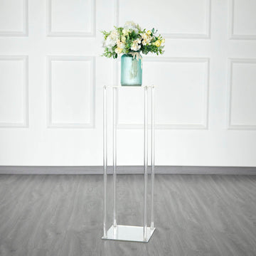 Acrylic Floor Vase Flower Stand with Square Mirror Base Clear - Decorative Wedding Column Centerpiece 32"