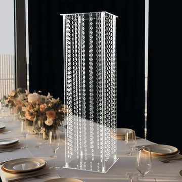 Acrylic Flower Pedestal Vase Pillar Stand with Crystal Beads Clear - Decorative Wedding Floor Centerpiece 32"