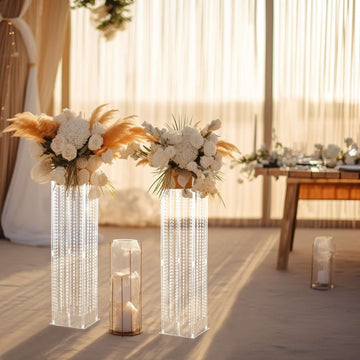 Acrylic Flower Pedestal Vase Pillar Stand with Crystal Beads Clear - Stylish Wedding Floor Centerpiece 40"