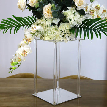 Acrylic Flower Vase Pillar Stand with Square Mirror Base Clear - Stylish Wedding Table Centerpiece 16"