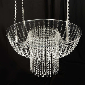 Acrylic Hanging Chandelier Cake Stand with Crystal Drapes - Suspended Round Wedding Cake Swing with 5ft Steel Wire Chains 25"