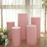 Set of 5 | Dusty Rose Cylinder Stretch Fitted Pedestal Pillar Prop Covers, Display Box Stand Covers