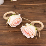 4 Pack Blush Artificial Rose Flower Wooden Napkin Holders, Farmhouse Country Floral Napkin Rings