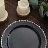 10-Pack Black Plastic Dessert Plates – 8inch Round with Silver Beaded Rim, Disposable for Parties